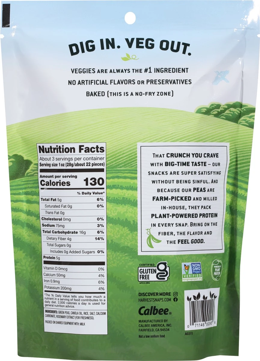 Harvest Snaps Green Pea Snack Crisps Lightly Salted, 3.3 Oz 7 Harvest Snaps Green Pea Snack Crisps Lightly Salted, 3.3 Oz - Image 5