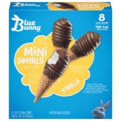 Blue Bunny Mini Swirls Vanilla Cones, Frozen Dessert, 8 Pack